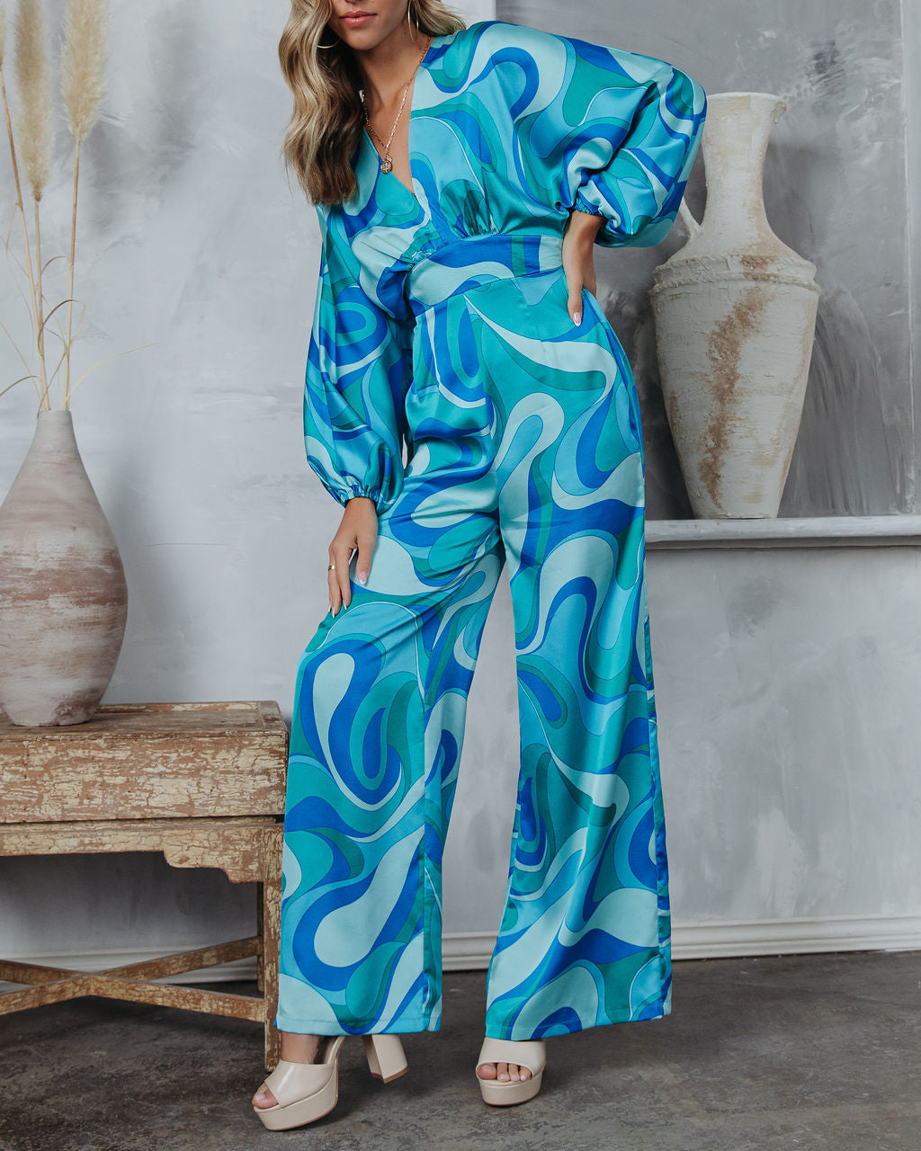 Emilio Satin Printed Wide Leg Jumpsuit Oshnow