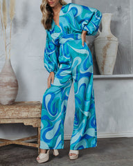 Emilio Satin Printed Wide Leg Jumpsuit Oshnow