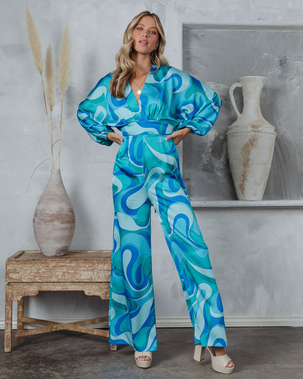 Emilio Satin Printed Wide Leg Jumpsuit Oshnow