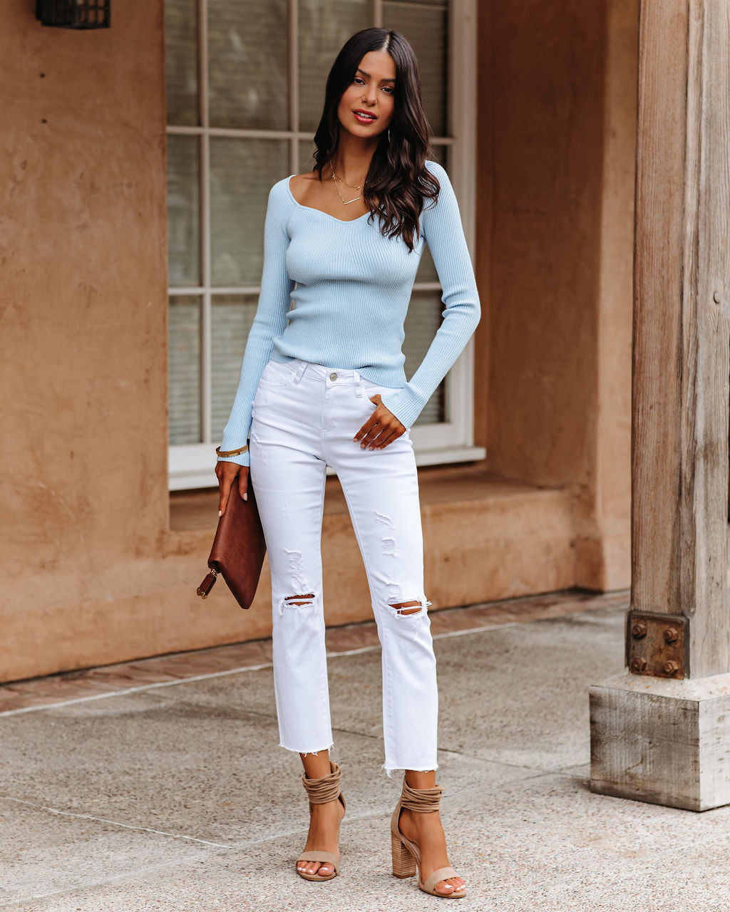 Emily Long Sleeve Ribbed Knit Top - Baby Blue Oshnow