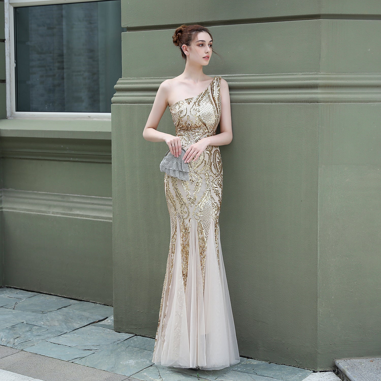 Emily formal one-shoulder sequined mesh fishtail dress Oshnow