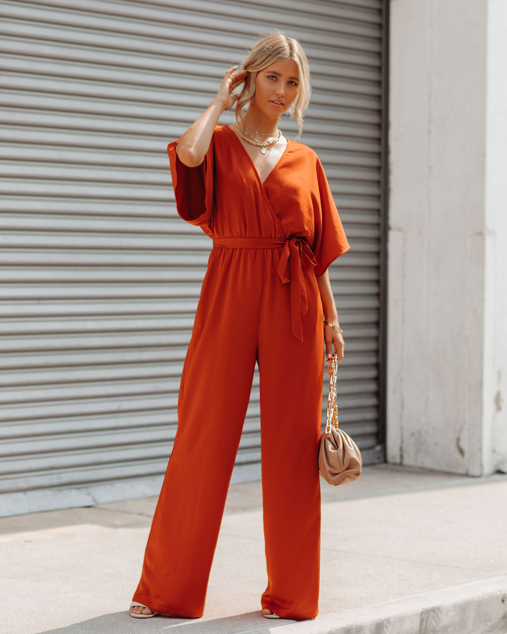 Empowered Satin Pocketed Jumpsuit - Burnt Orange Oshnow