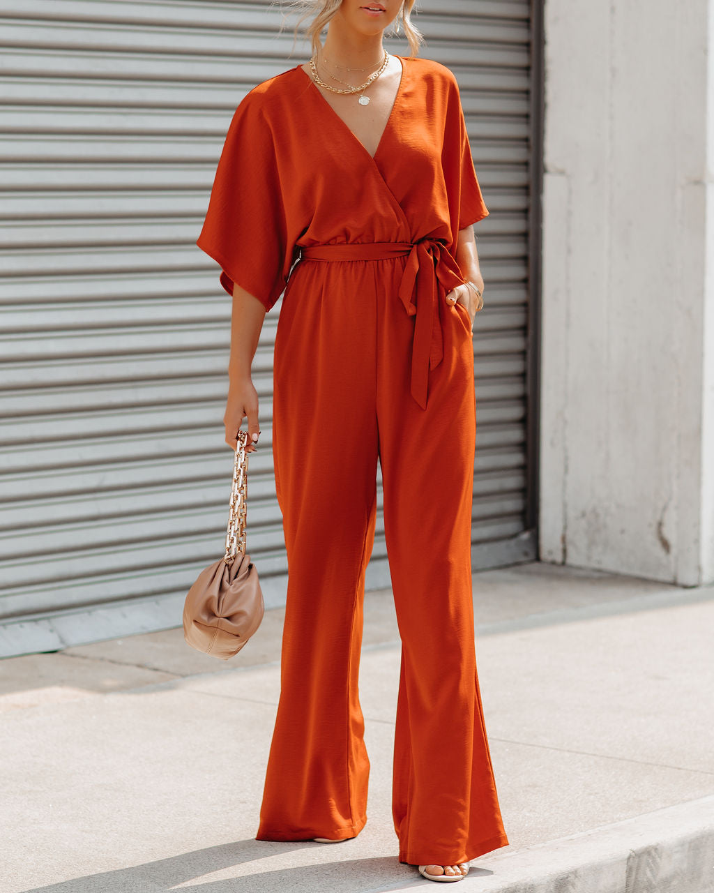 Empowered Satin Pocketed Jumpsuit - Burnt Orange Oshnow