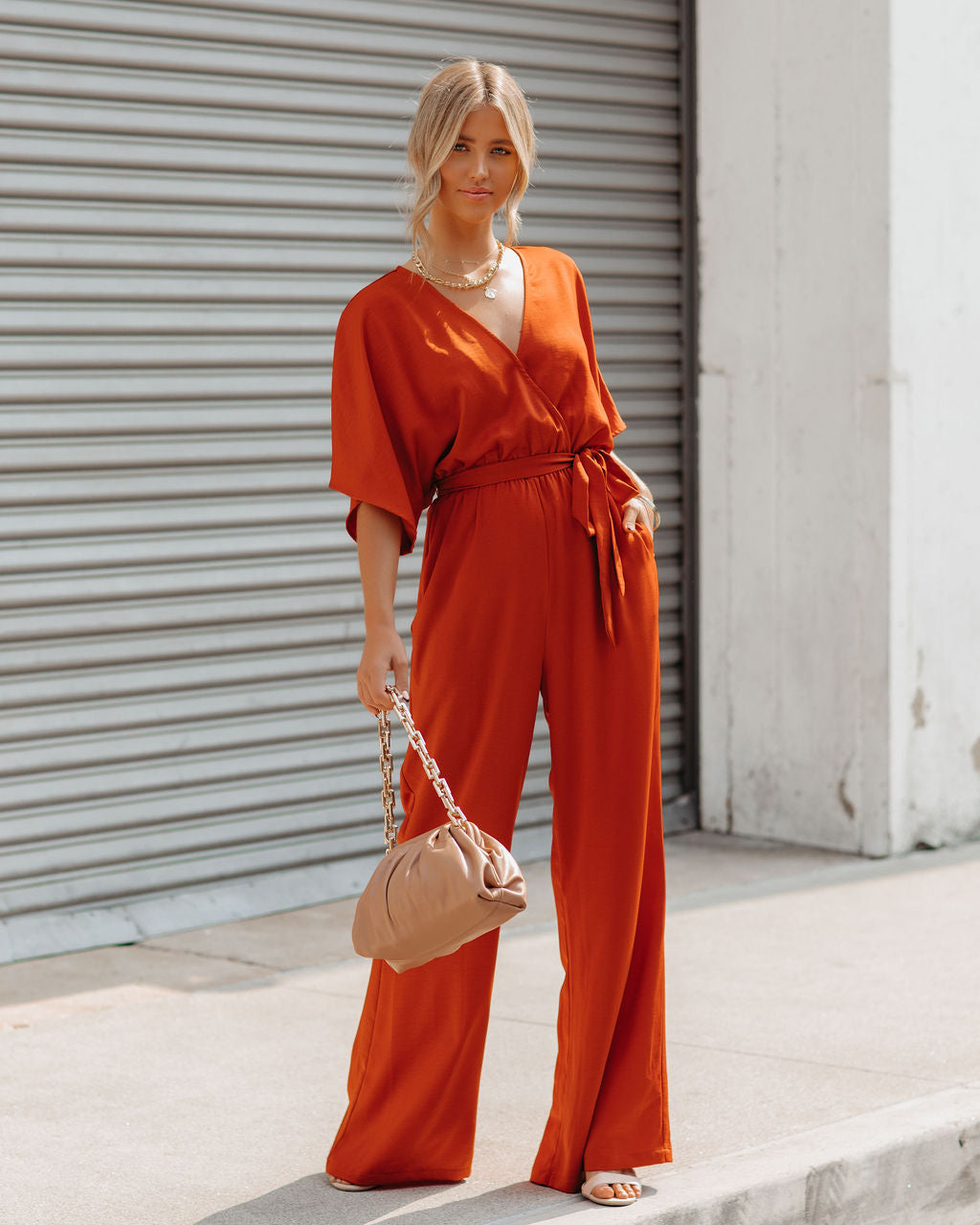 Empowered Satin Pocketed Jumpsuit - Burnt Orange Oshnow