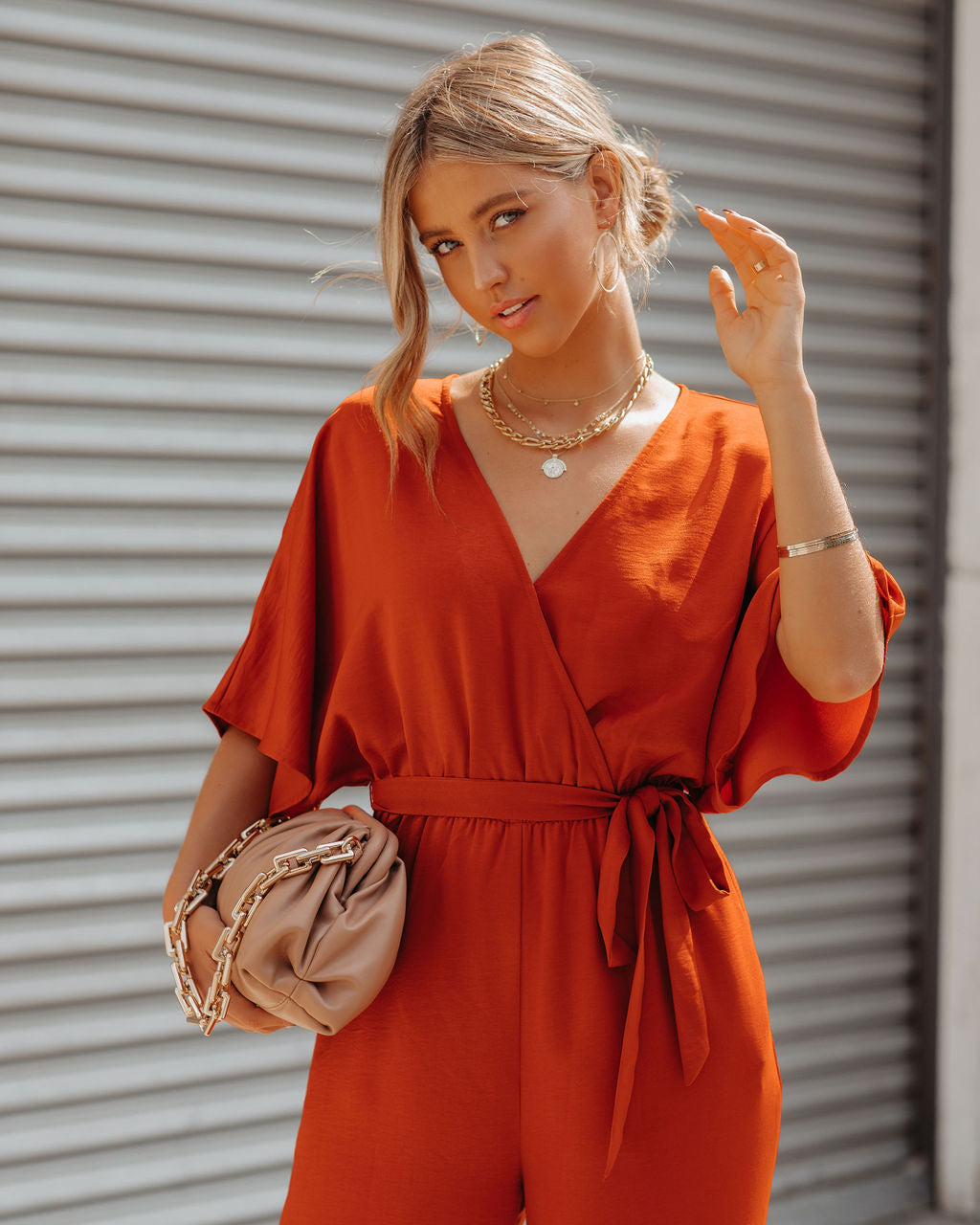 Empowered Satin Pocketed Jumpsuit - Burnt Orange Oshnow