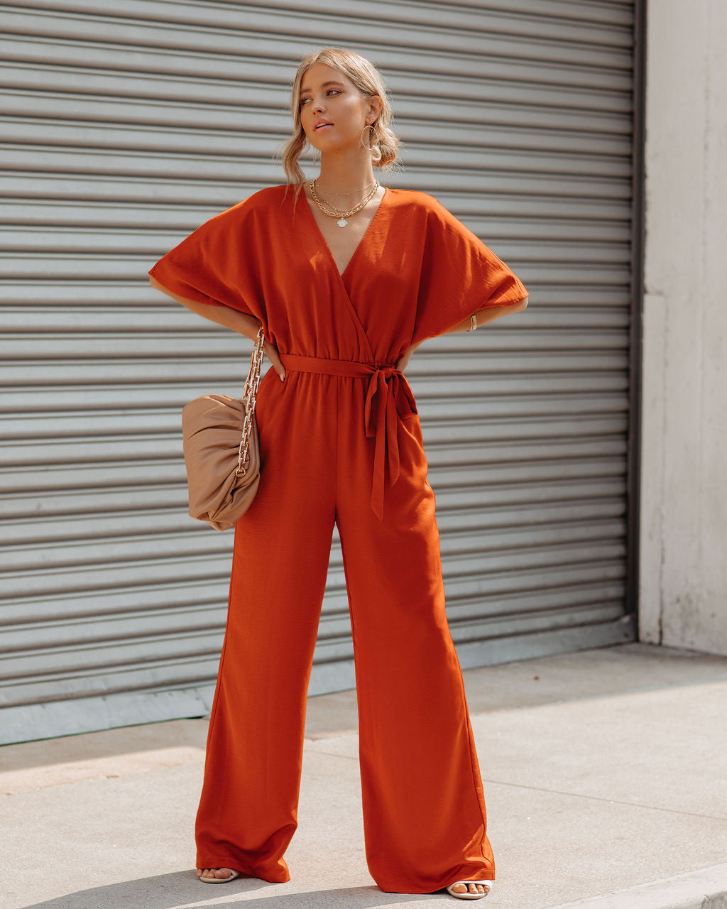 Empowered Satin Pocketed Jumpsuit - Burnt Orange Oshnow