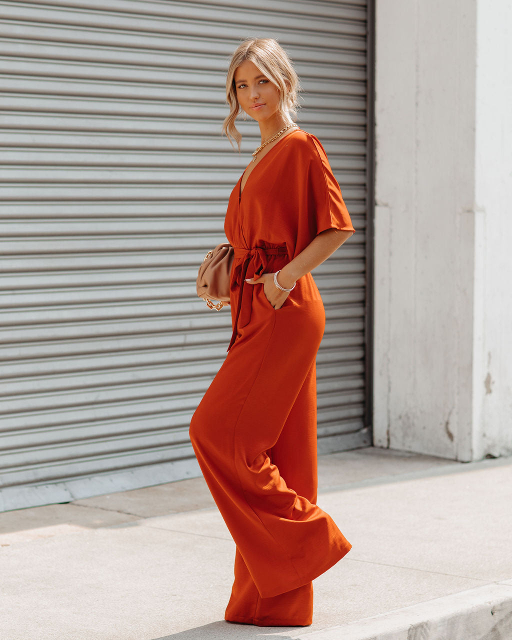 Empowered Satin Pocketed Jumpsuit - Burnt Orange Oshnow