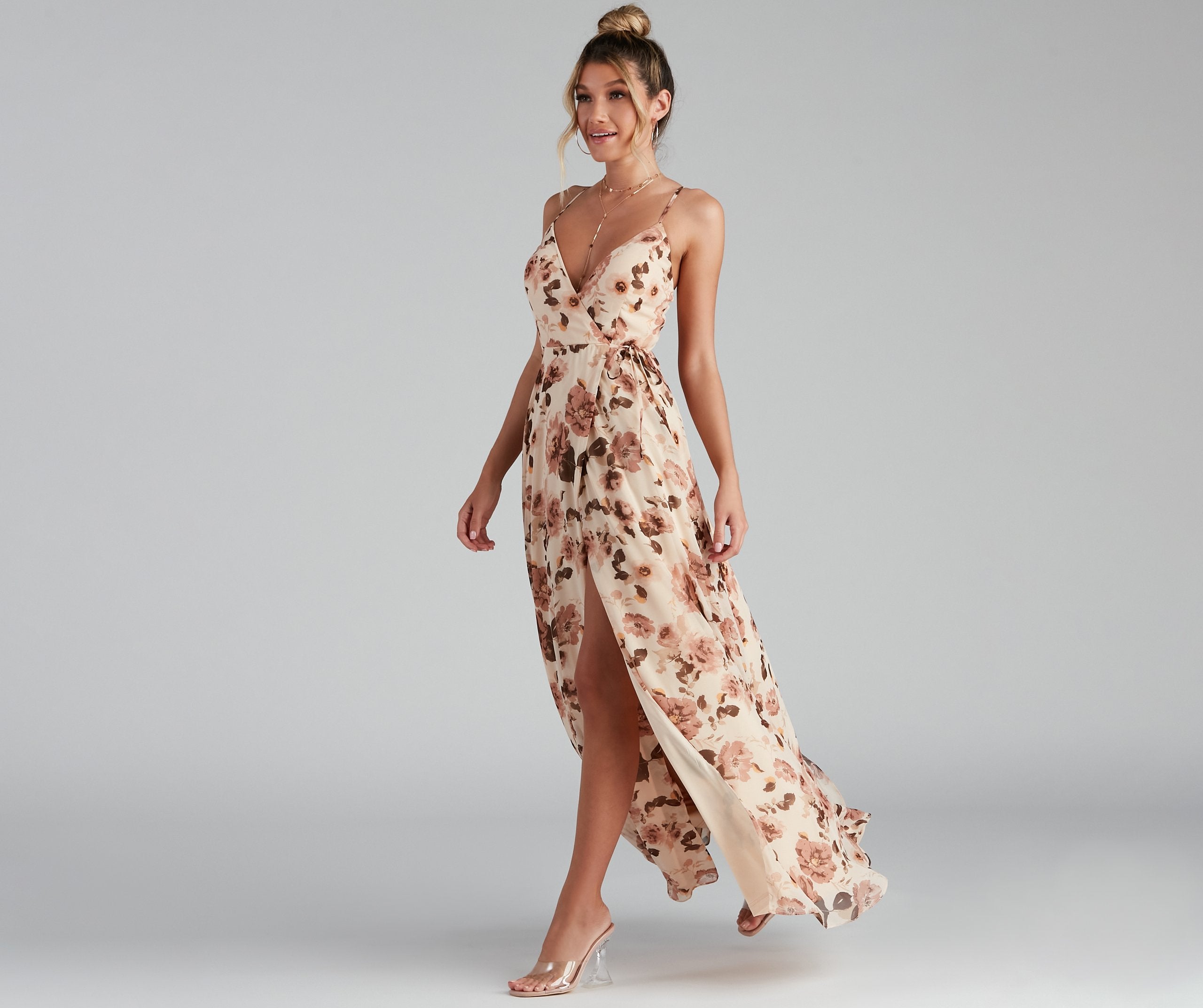 Erika Floral Chiffon Wrap A-Line Formal Dress Oshnow