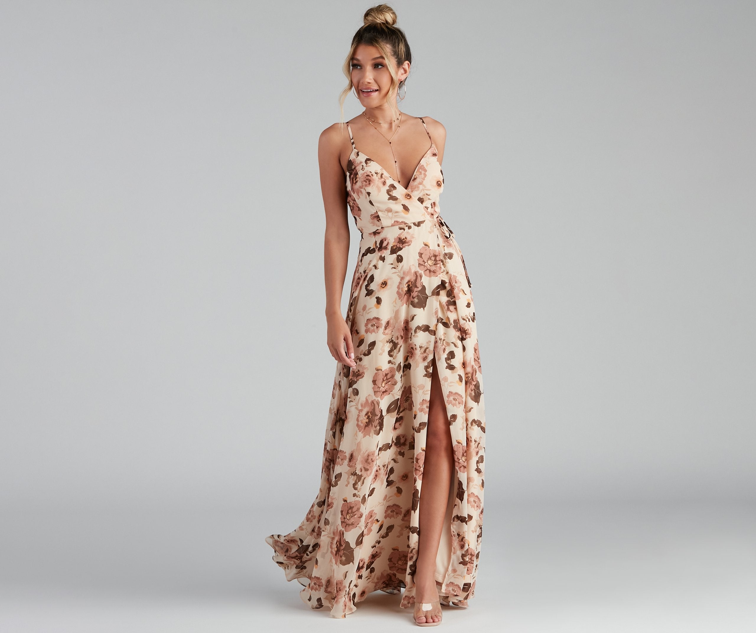 Erika Floral Chiffon Wrap A-Line Formal Dress Oshnow