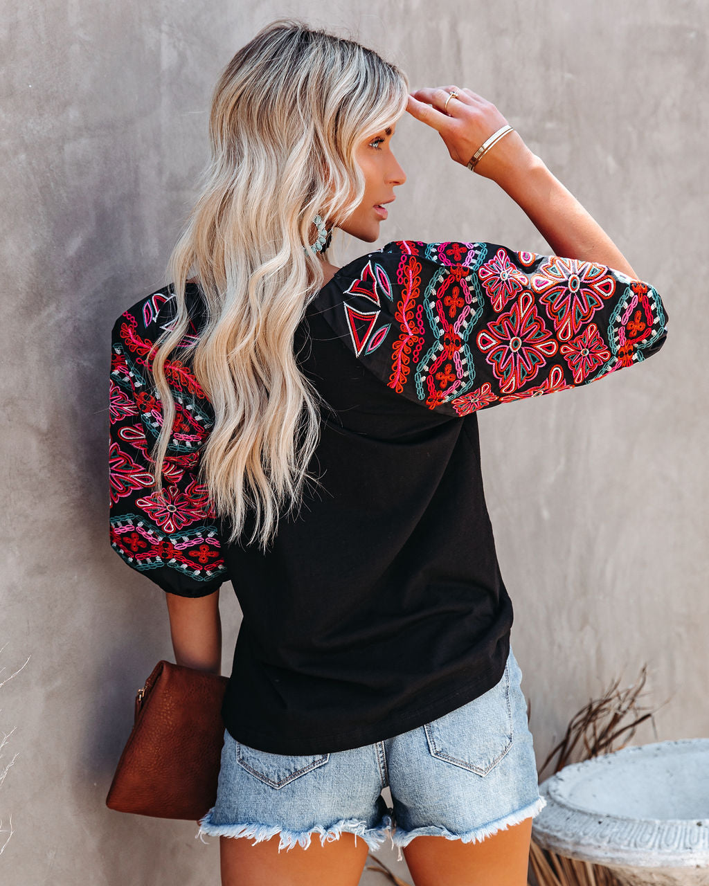 Etched In Stone Cotton Embroidered Puff Sleeve Top Oshnow