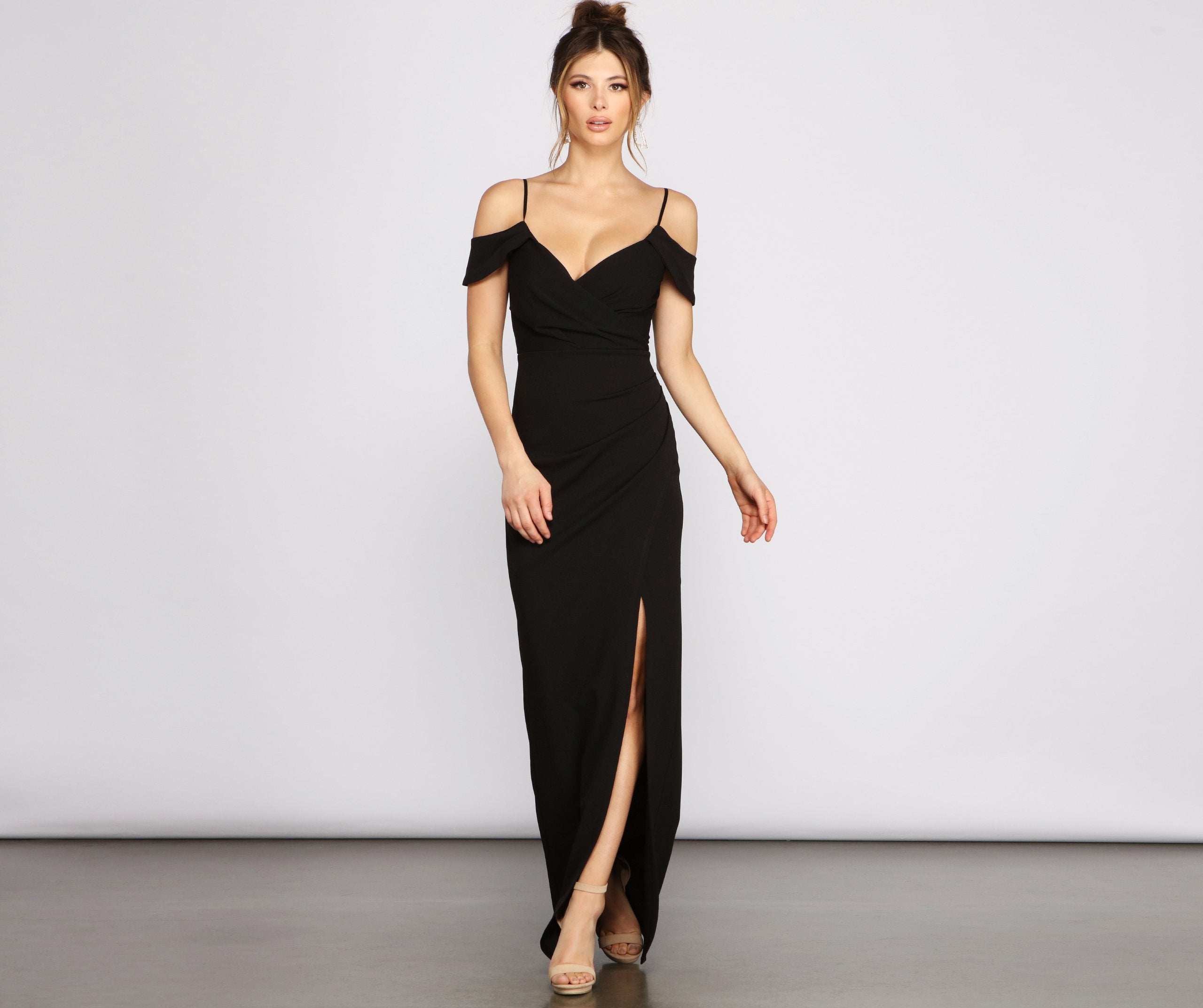 Eva Off-The-Shoulder Wrap-Front Formal Dress Oshnow