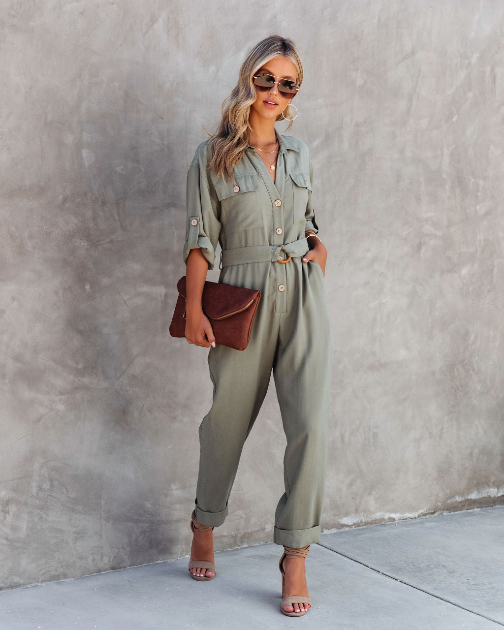 Exploring The Orchards Pocketed Belted Jumpsuit - Olive Oshnow