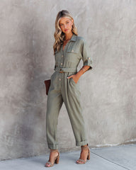 Exploring The Orchards Pocketed Belted Jumpsuit - Olive Oshnow