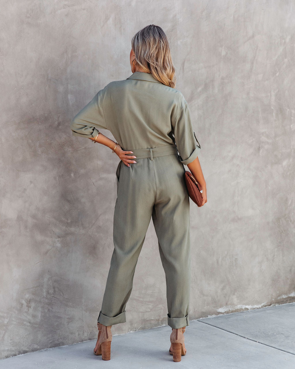 Exploring The Orchards Pocketed Belted Jumpsuit - Olive Oshnow