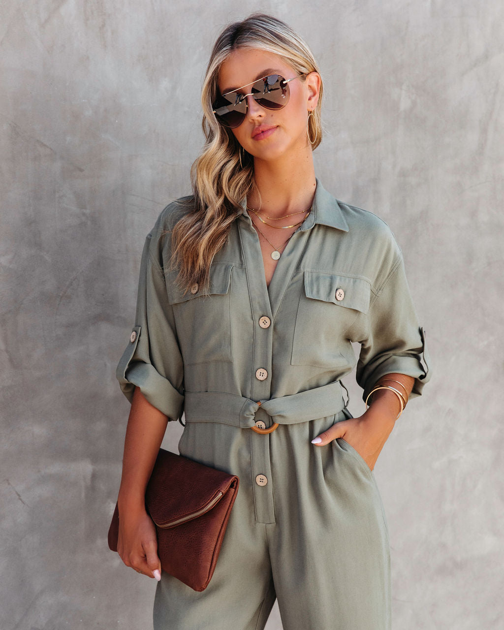 Exploring The Orchards Pocketed Belted Jumpsuit - Olive Oshnow