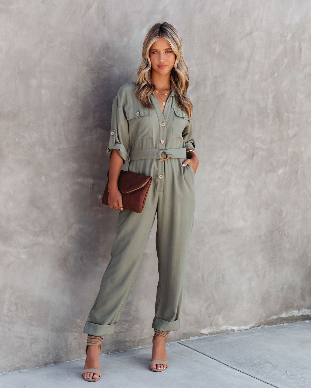 Exploring The Orchards Pocketed Belted Jumpsuit - Olive Oshnow