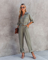 Exploring The Orchards Pocketed Belted Jumpsuit - Olive Oshnow