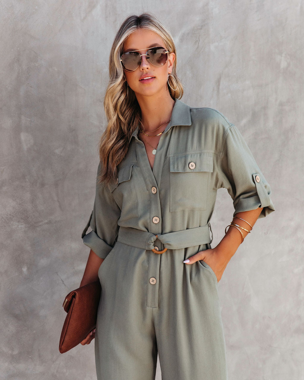 Exploring The Orchards Pocketed Belted Jumpsuit - Olive Oshnow