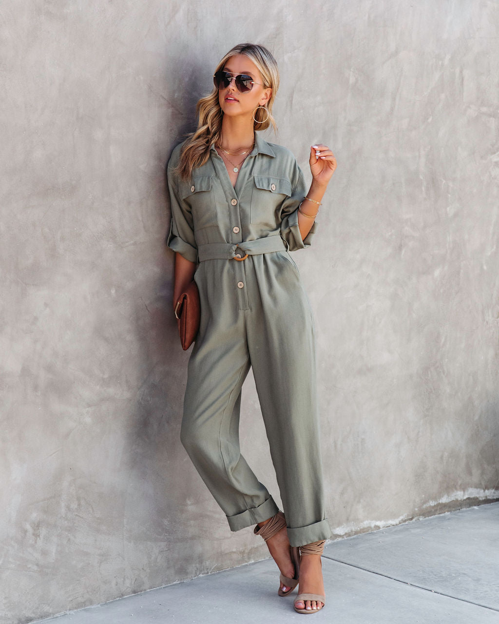 Exploring The Orchards Pocketed Belted Jumpsuit - Olive Oshnow