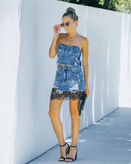 Cyra Distressed Denim Lace Mini Skirt - Denim Blue