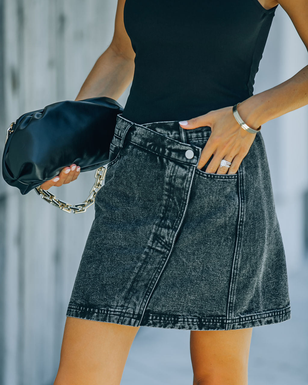 Broken Record Asymm Acid Wash Denim Mini Skirt