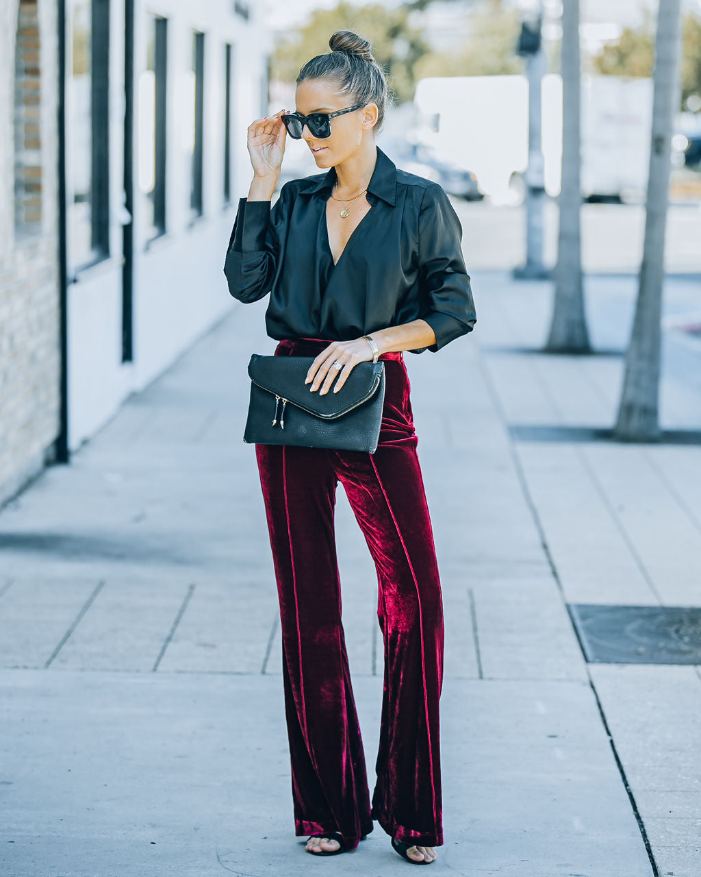 Amani High Rise Velvet Flare Pants - Burgundy