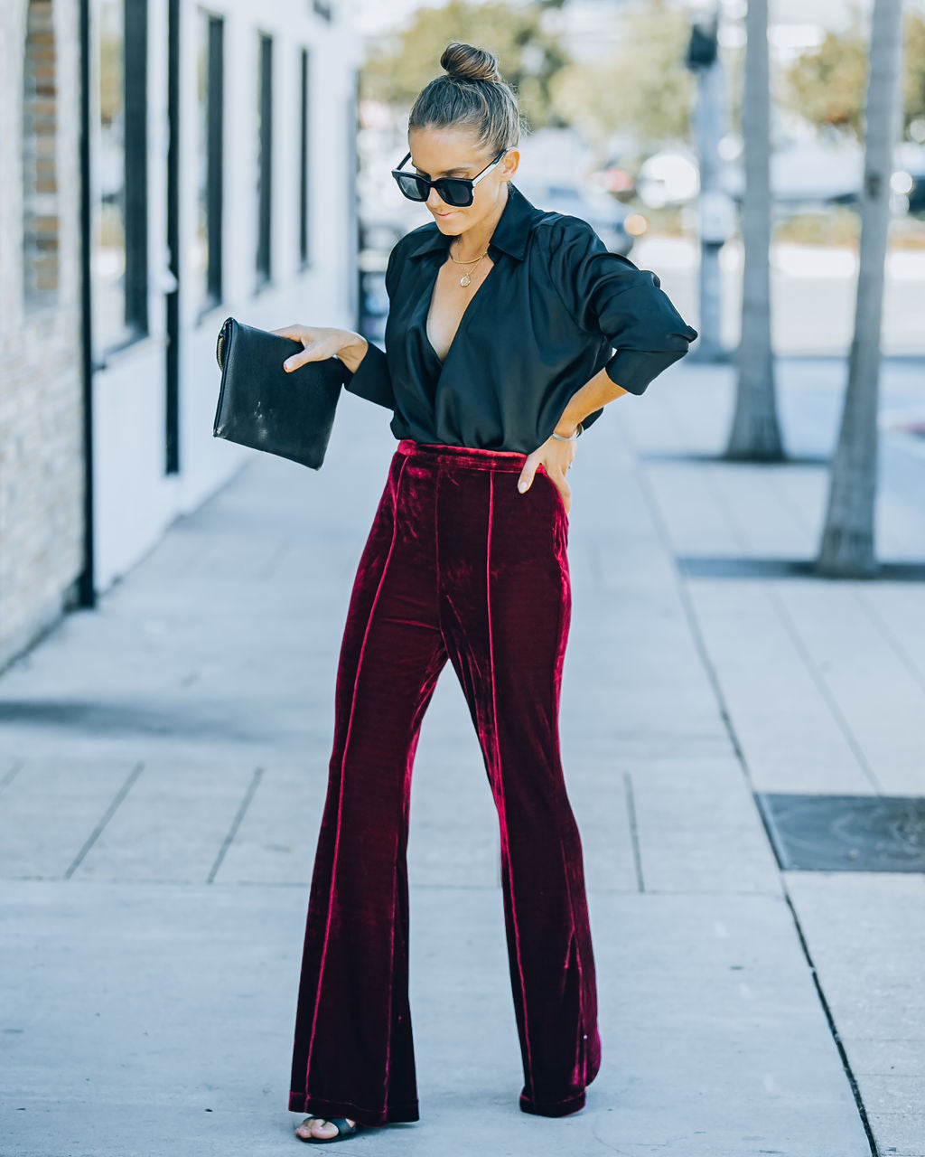 Amani High Rise Velvet Flare Pants - Burgundy