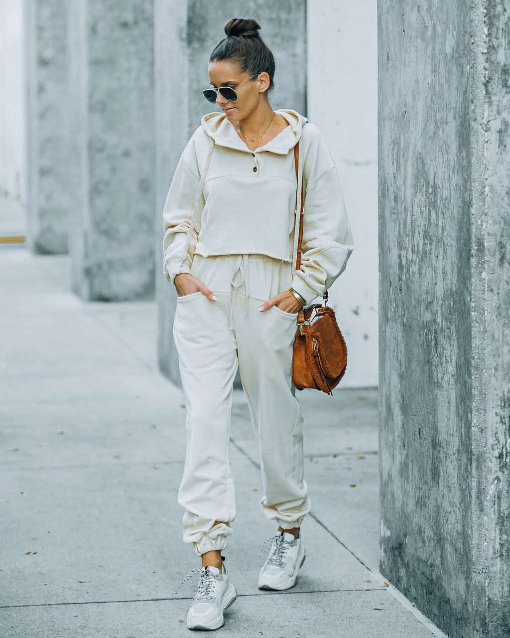 Blanca Cotton Cropped Henley Hoodie - Cream