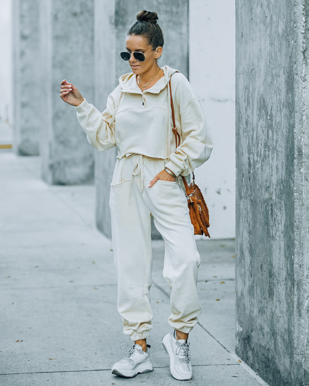 Blanca Cotton Cropped Henley Hoodie - Cream