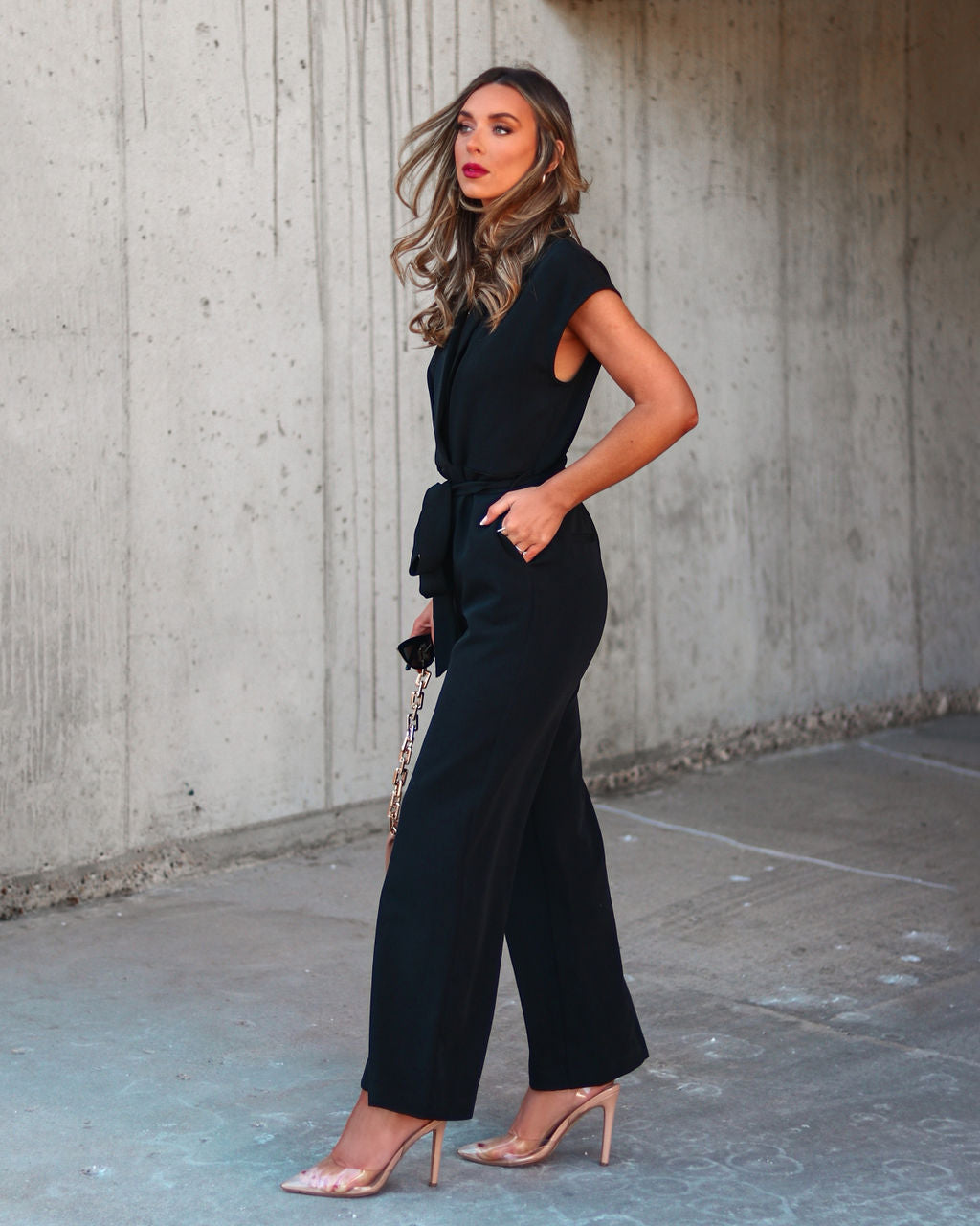 Fabiola Pocketed Tie Waist Wide Leg Jumpsuit - Black Oshnow