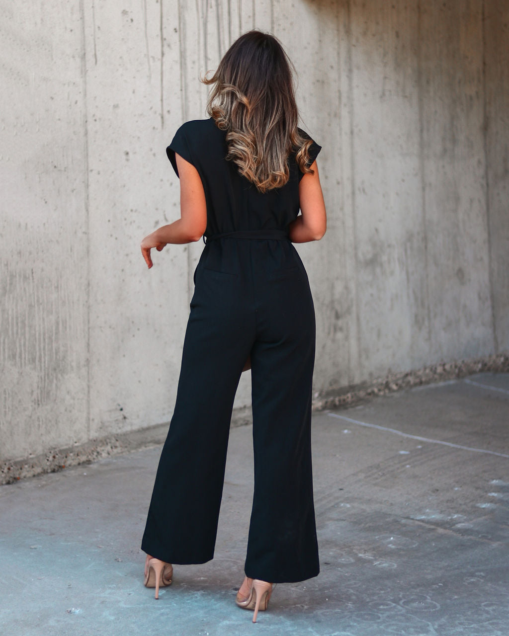 Fabiola Pocketed Tie Waist Wide Leg Jumpsuit - Black Oshnow