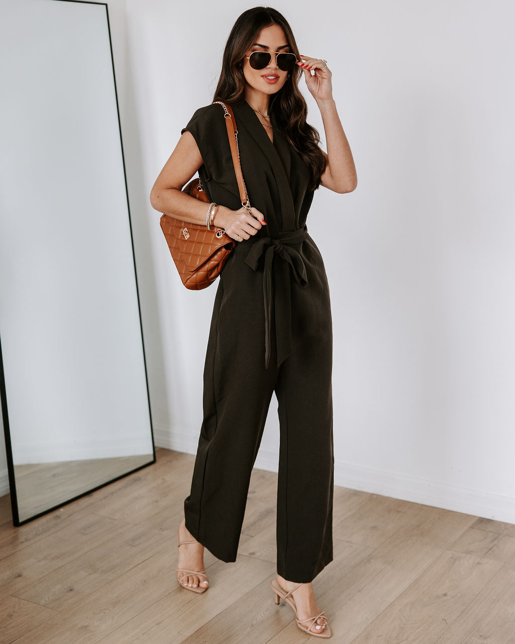 Fabiola Pocketed Tie Waist Wide Leg Jumpsuit - Dark Olive Oshnow