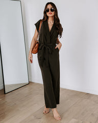 Fabiola Pocketed Tie Waist Wide Leg Jumpsuit - Dark Olive Oshnow