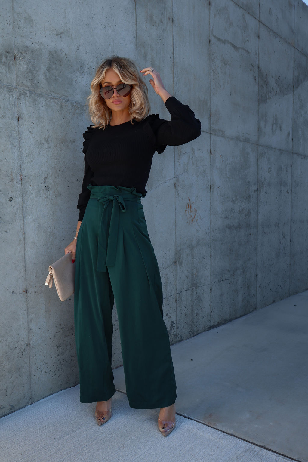 Cassandra High Waisted Front Tie Pants - Pine