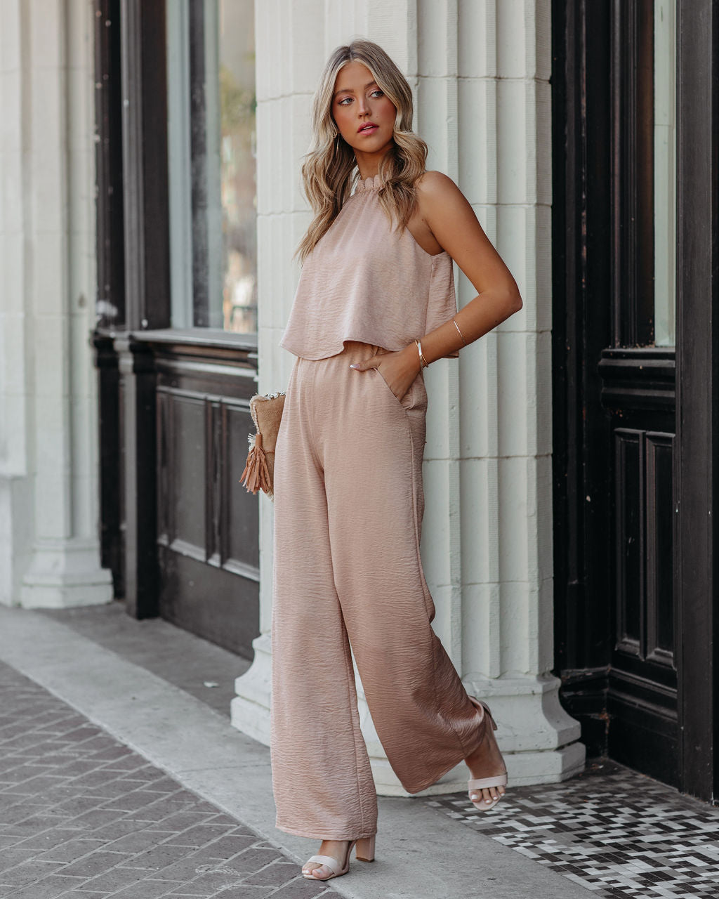 Fancied Pocketed Satin Jumpsuit - Champagne Oshnow