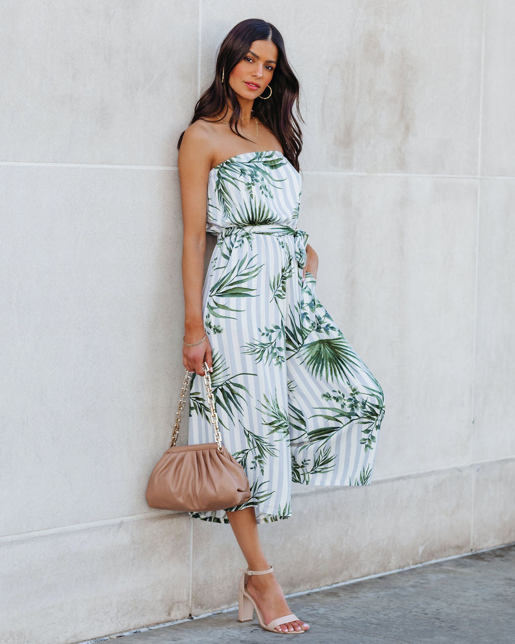 Fangirl Strapless Pocketed Palm Print Jumpsuit Oshnow