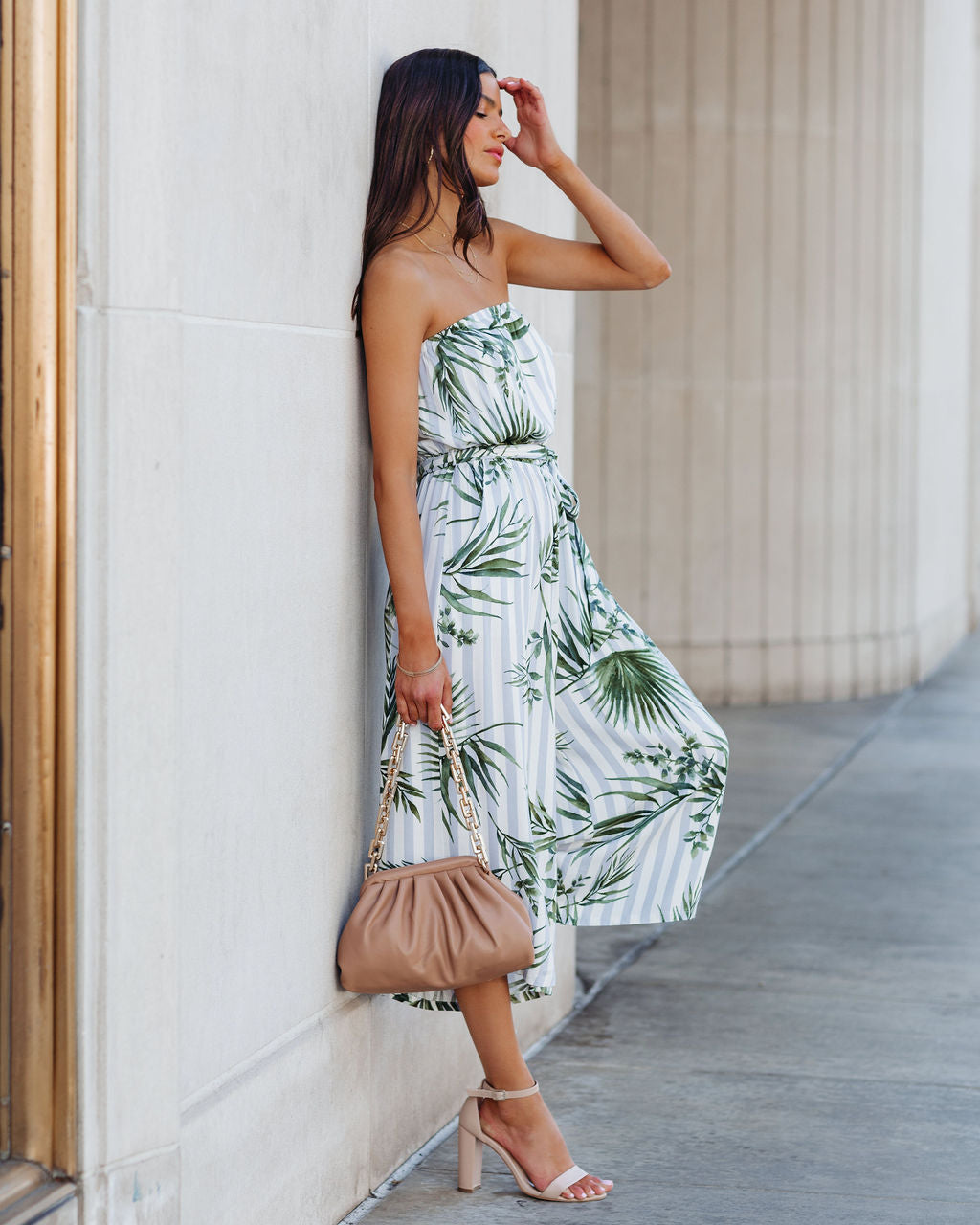 Fangirl Strapless Pocketed Palm Print Jumpsuit Oshnow