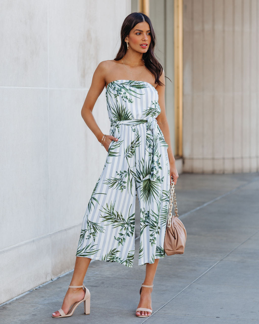 Fangirl Strapless Pocketed Palm Print Jumpsuit Oshnow