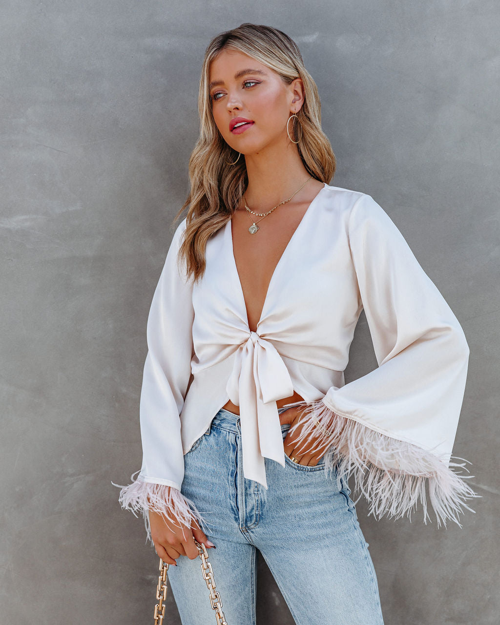 Feathers In The Wind Bell Sleeve Tie Blouse - Champagne Oshnow