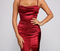 Festive Mood Satin Ruched Midi Dress Oshnow