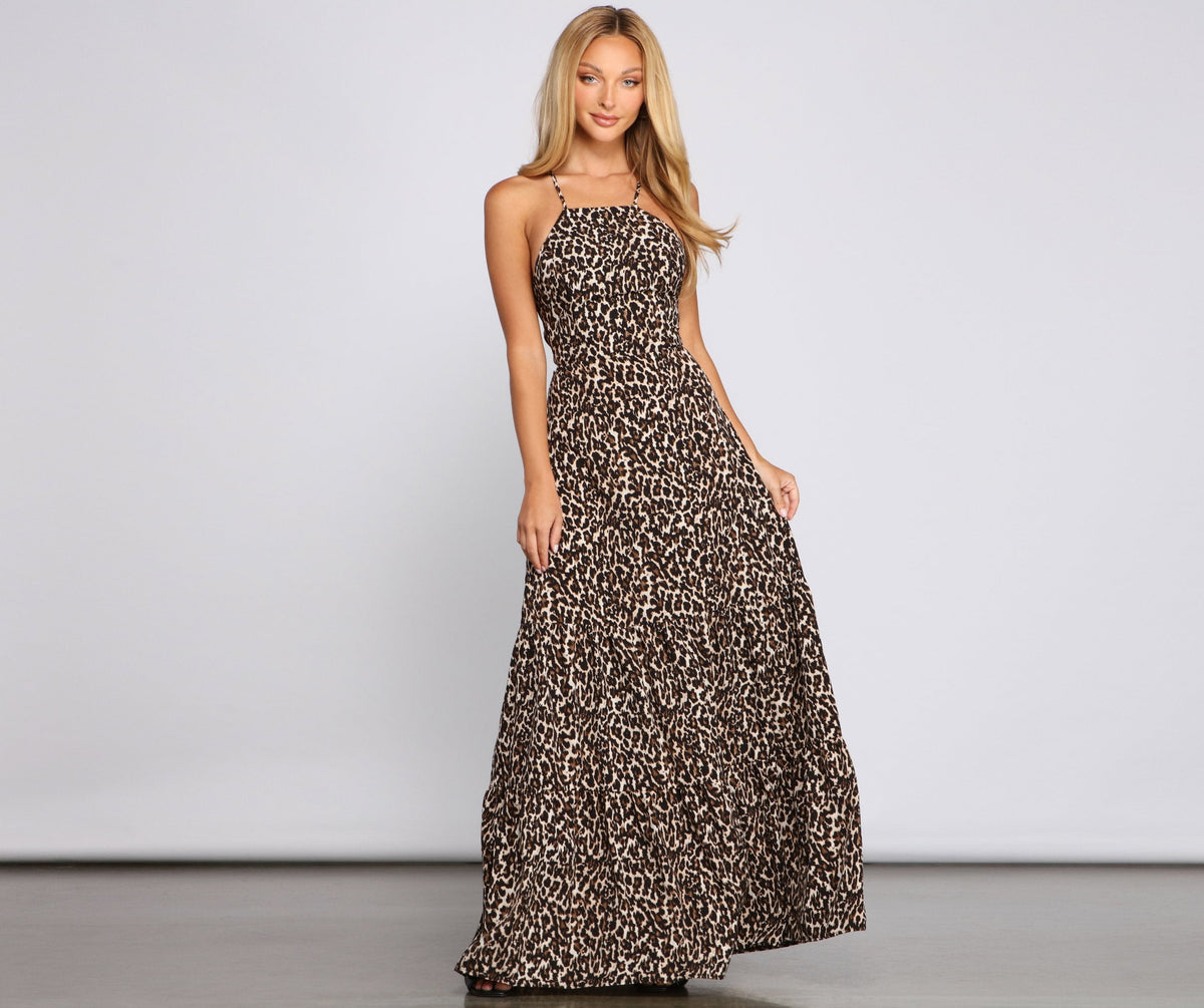 Fiercely Stylish Lace-Up Leopard Maxi Dress Oshnow