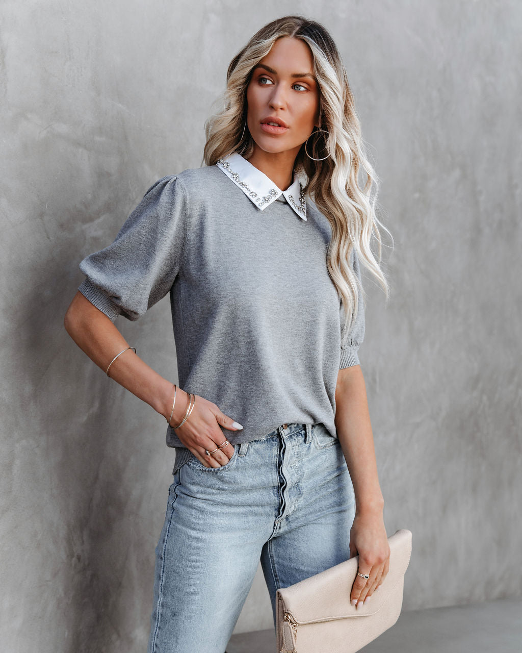 Fiona Puff Sleeve Embellished Collar Top - Heather Grey Oshnow