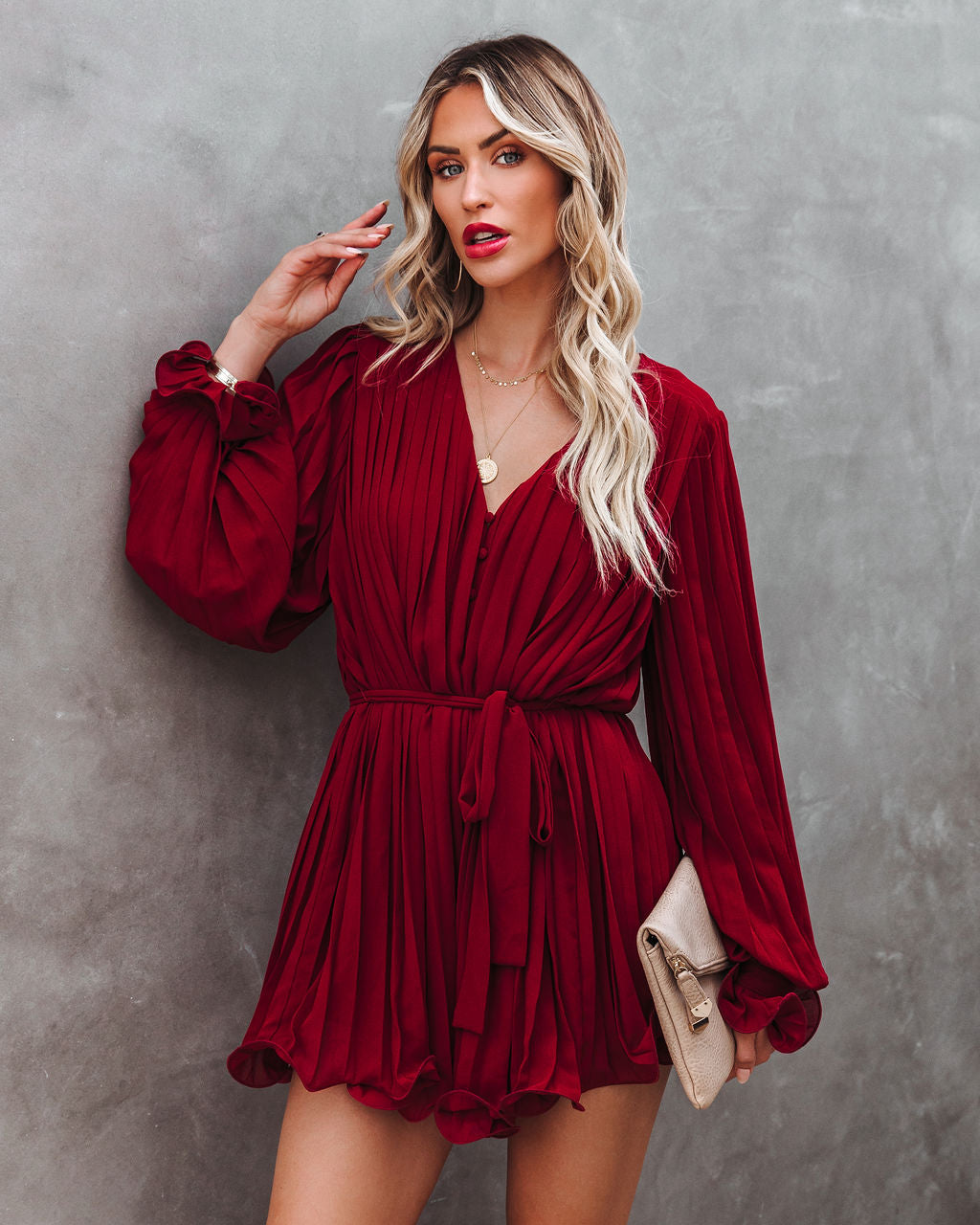 Found Love Pleated Romper - Wine Oshnow