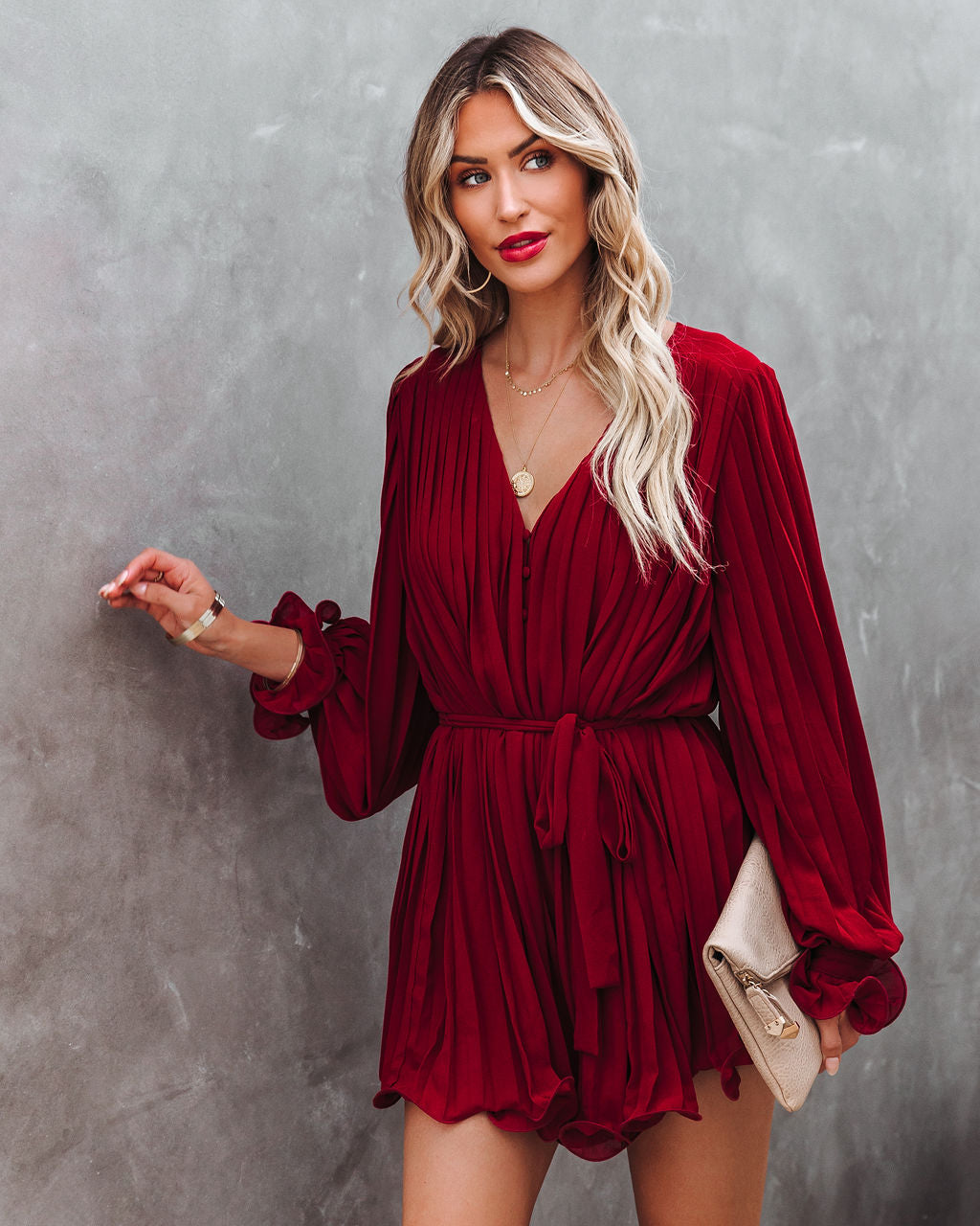 Found Love Pleated Romper - Wine Oshnow