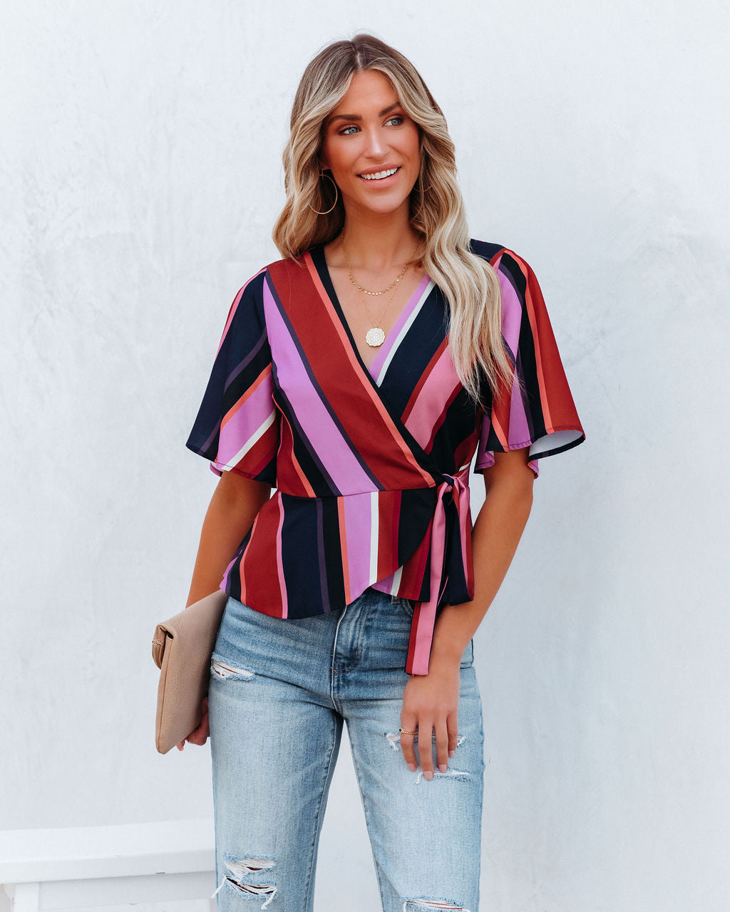 Franny Striped Peplum Wrap Blouse Oshnow