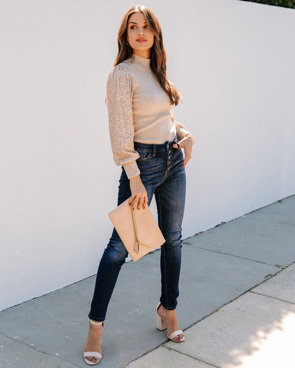 From A Dream Sequin Mock Neck Knit Top - Oatmeal Oshnow