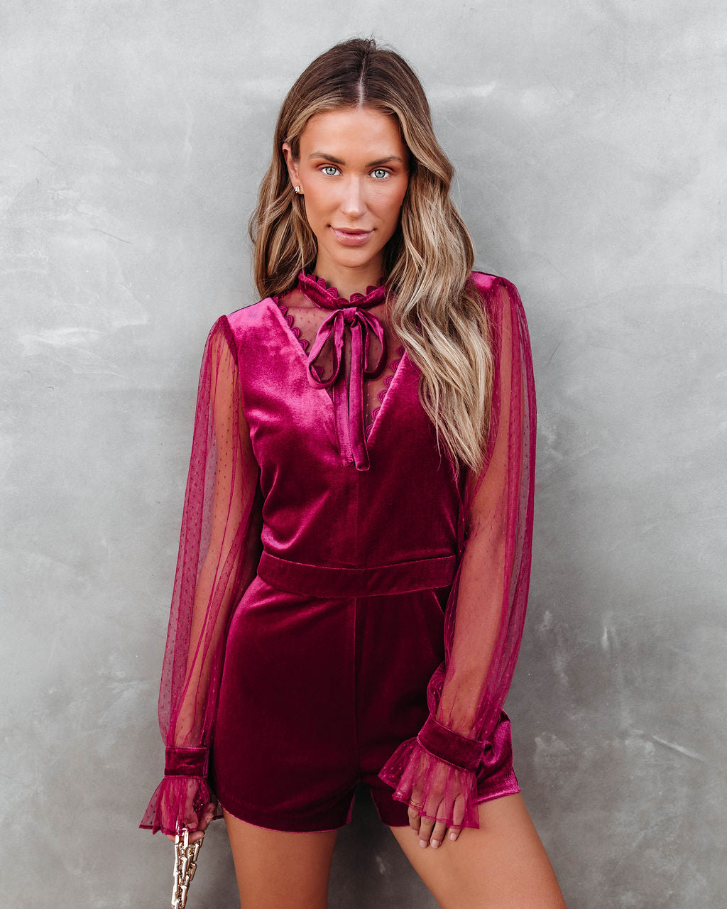 Front Row Velvet Mesh Neck Tie Romper - Burgundy - SALE Oshnow