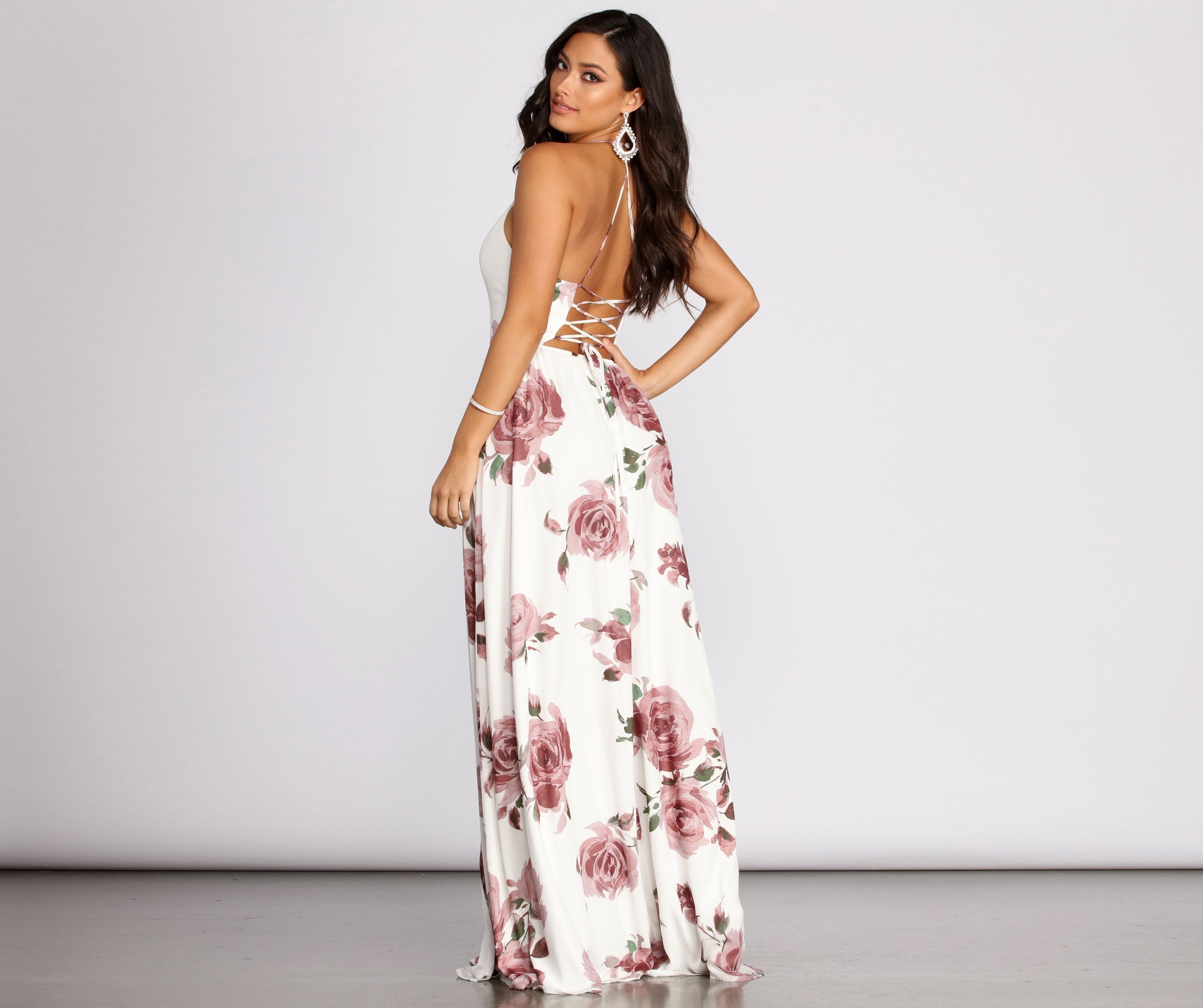 Gal Lace Up Back Chiffon Floral A-Line Dress Oshnow