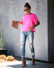 Game On Cotton Distressed Tee - Neon Pink Oshnow