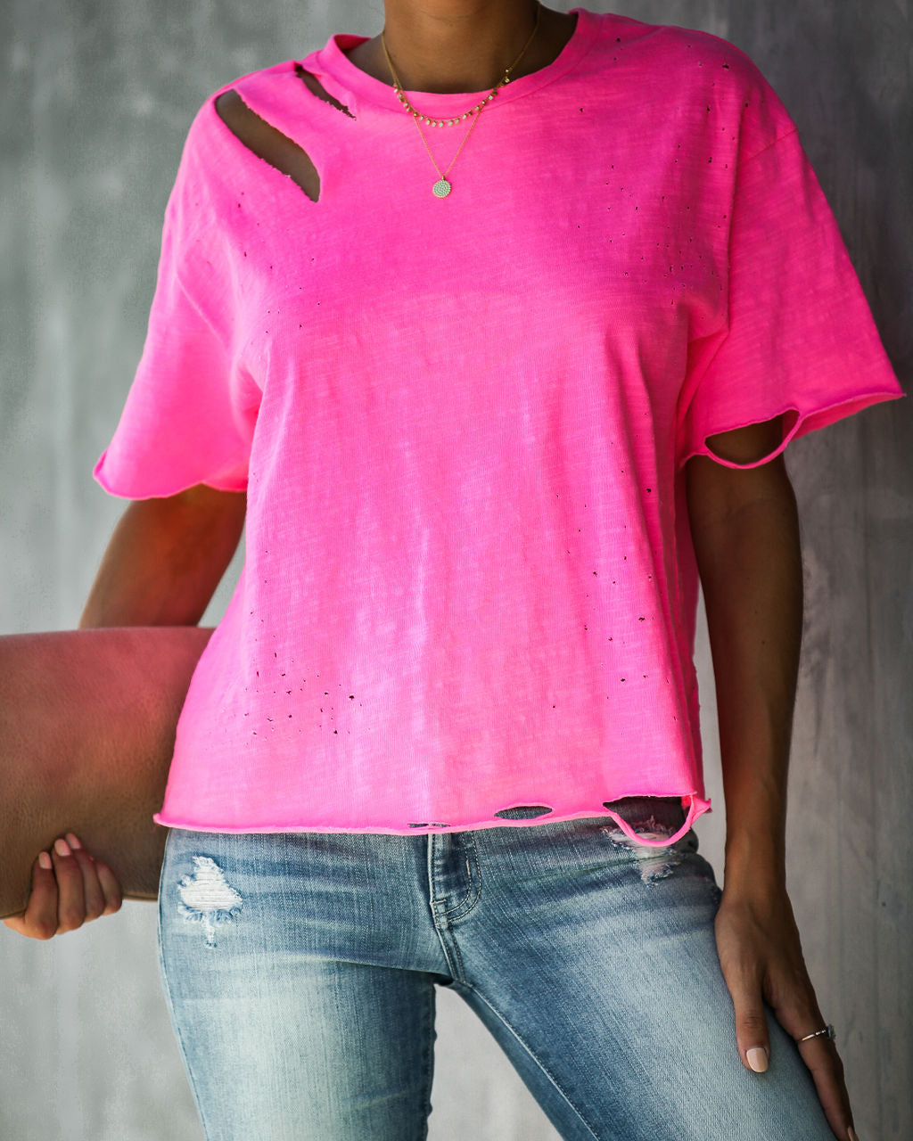 Game On Cotton Distressed Tee - Neon Pink Oshnow